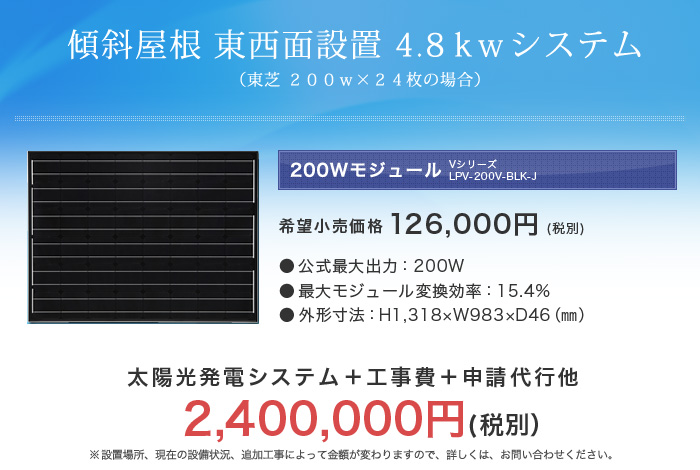 傾斜屋根　東西面設置　4.8ｋｗシステム